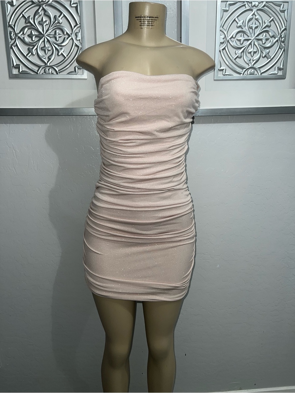 Ruched Strapless Mini Dress in Light Pink